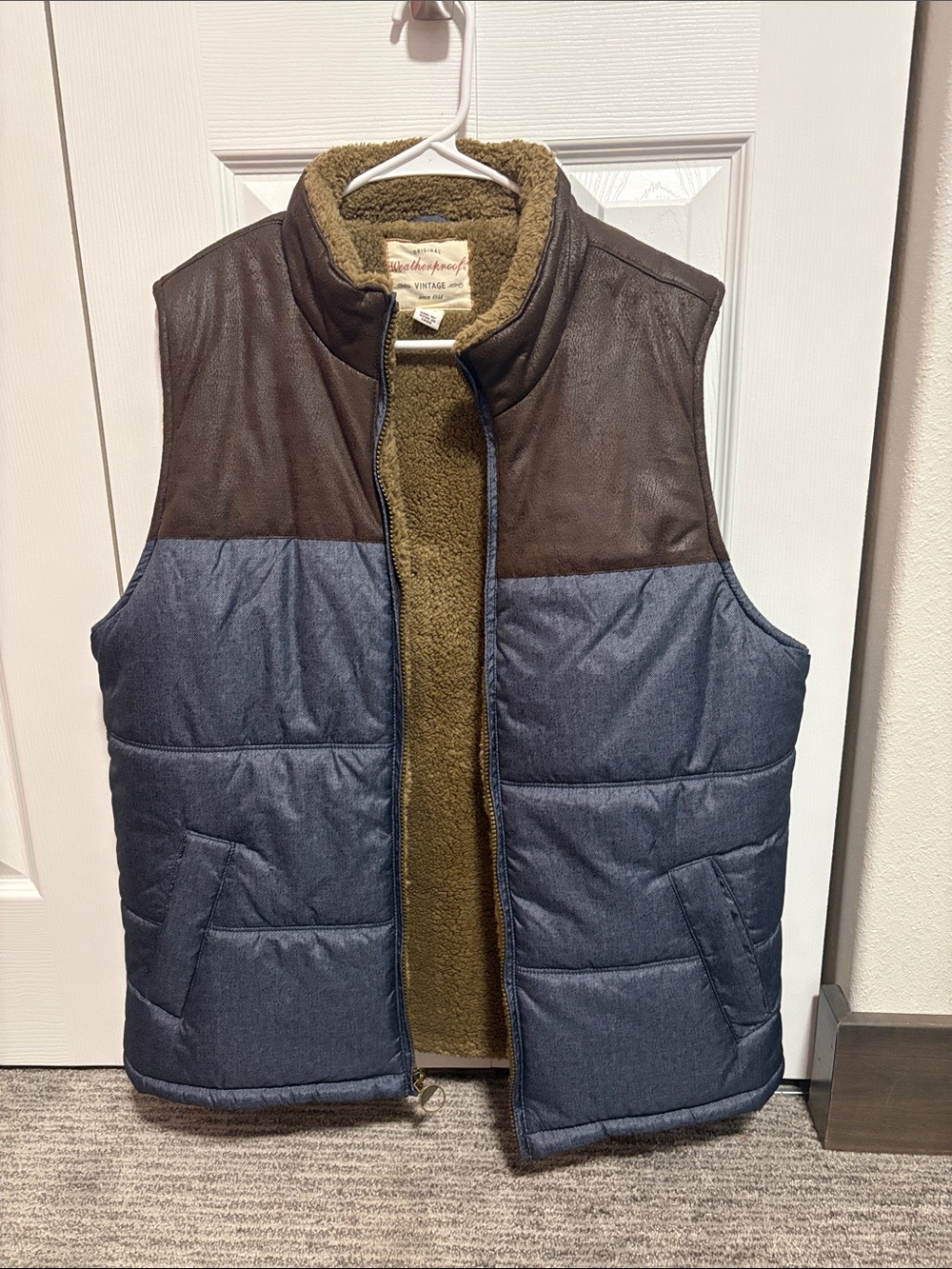 Weatherproof Vintage Men’s Quilted Vest with Sherpa Lining - Navy & Browni